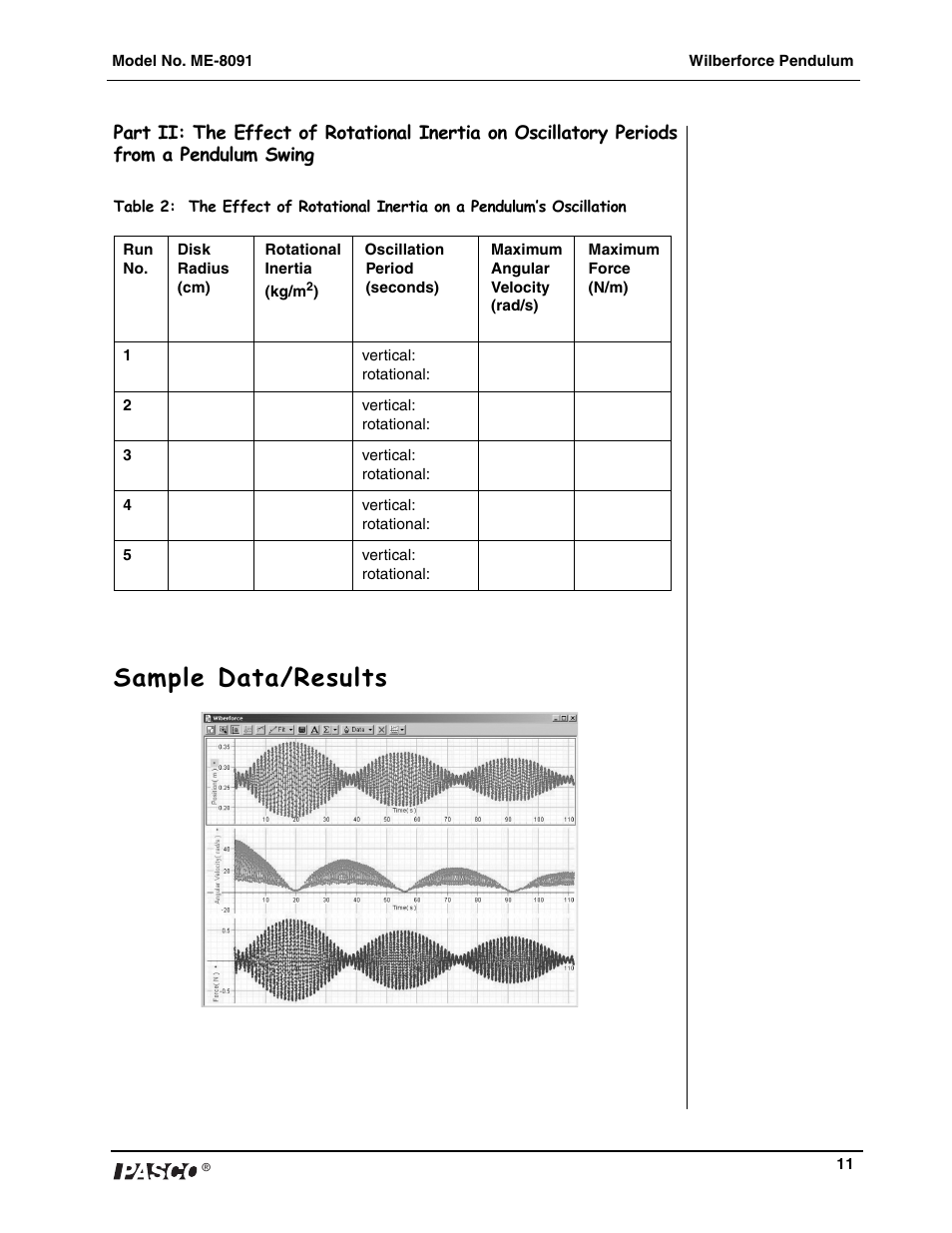 Sample data/results | PASCO ME-8091 Wilberforce Pendulum User Manual | Page 12 / 20