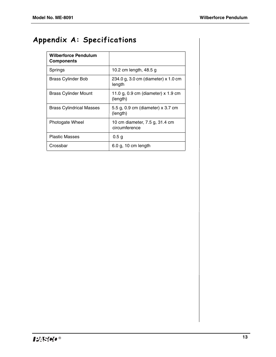 Appendix a: specifications | PASCO ME-8091 Wilberforce Pendulum User Manual | Page 14 / 20