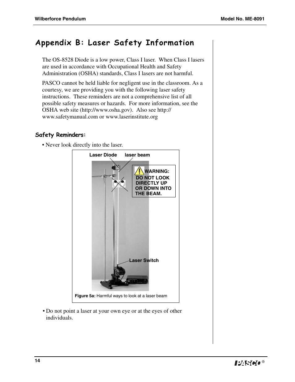 Appendix b: laser safety information | PASCO ME-8091 Wilberforce Pendulum User Manual | Page 15 / 20