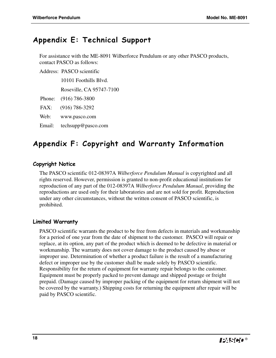 Appendix e: technical support, Appendix f: copyright and warranty information | PASCO ME-8091 Wilberforce Pendulum User Manual | Page 19 / 20