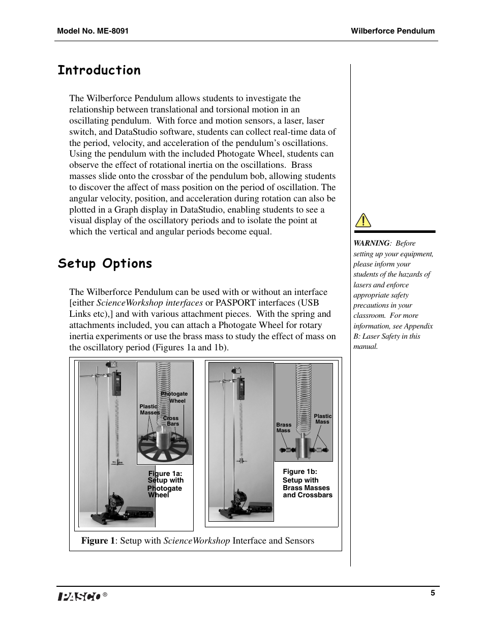 Introduction, Setup options | PASCO ME-8091 Wilberforce Pendulum User Manual | Page 6 / 20