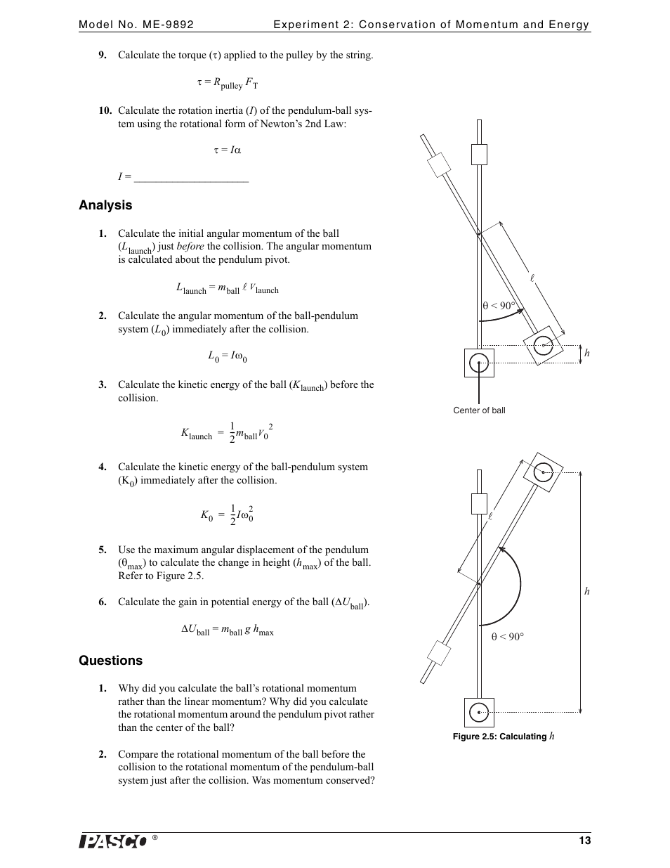 Analysis, Questions | PASCO ME-9892 Ballistic Pendulum Accessory User Manual | Page 13 / 17