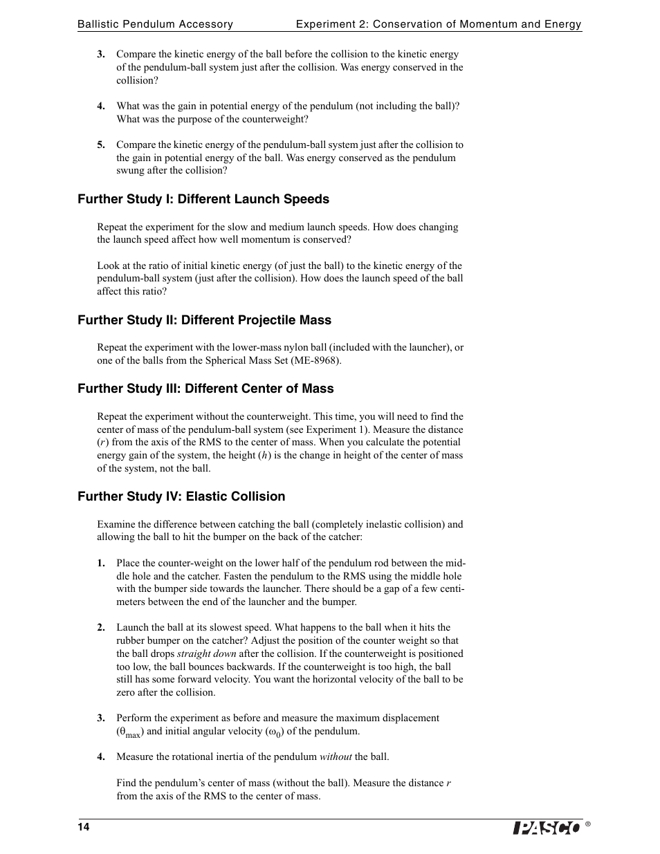 PASCO ME-9892 Ballistic Pendulum Accessory User Manual | Page 14 / 17