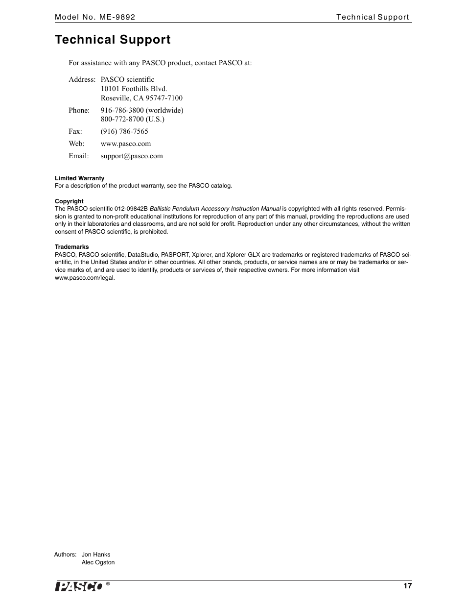 Technical support, Limited warranty, Copyright | Trademarks | PASCO ME-9892 Ballistic Pendulum Accessory User Manual | Page 17 / 17