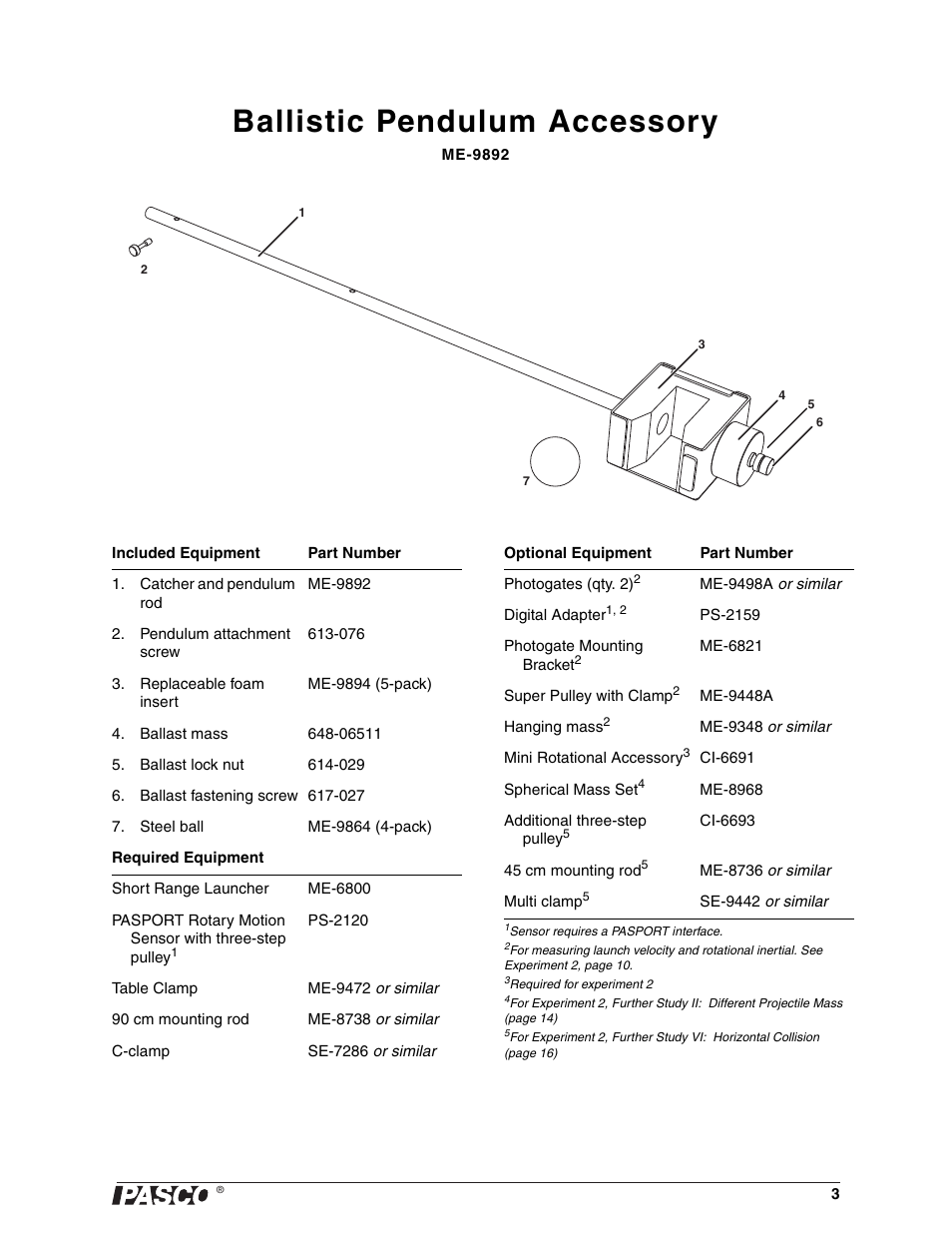 Ballistic pendulum accessory | PASCO ME-9892 Ballistic Pendulum Accessory User Manual | Page 3 / 17