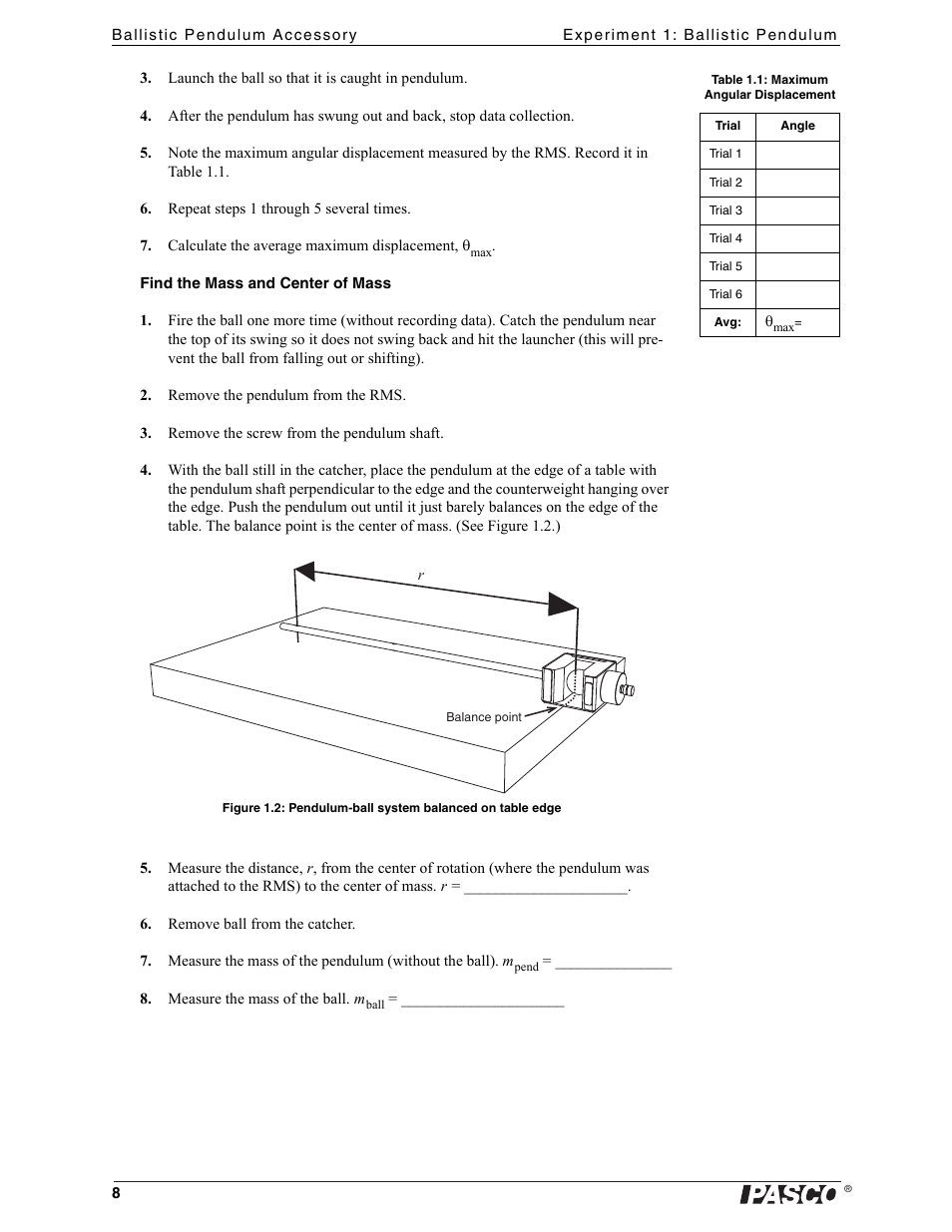 PASCO ME-9892 Ballistic Pendulum Accessory User Manual | Page 8 / 17