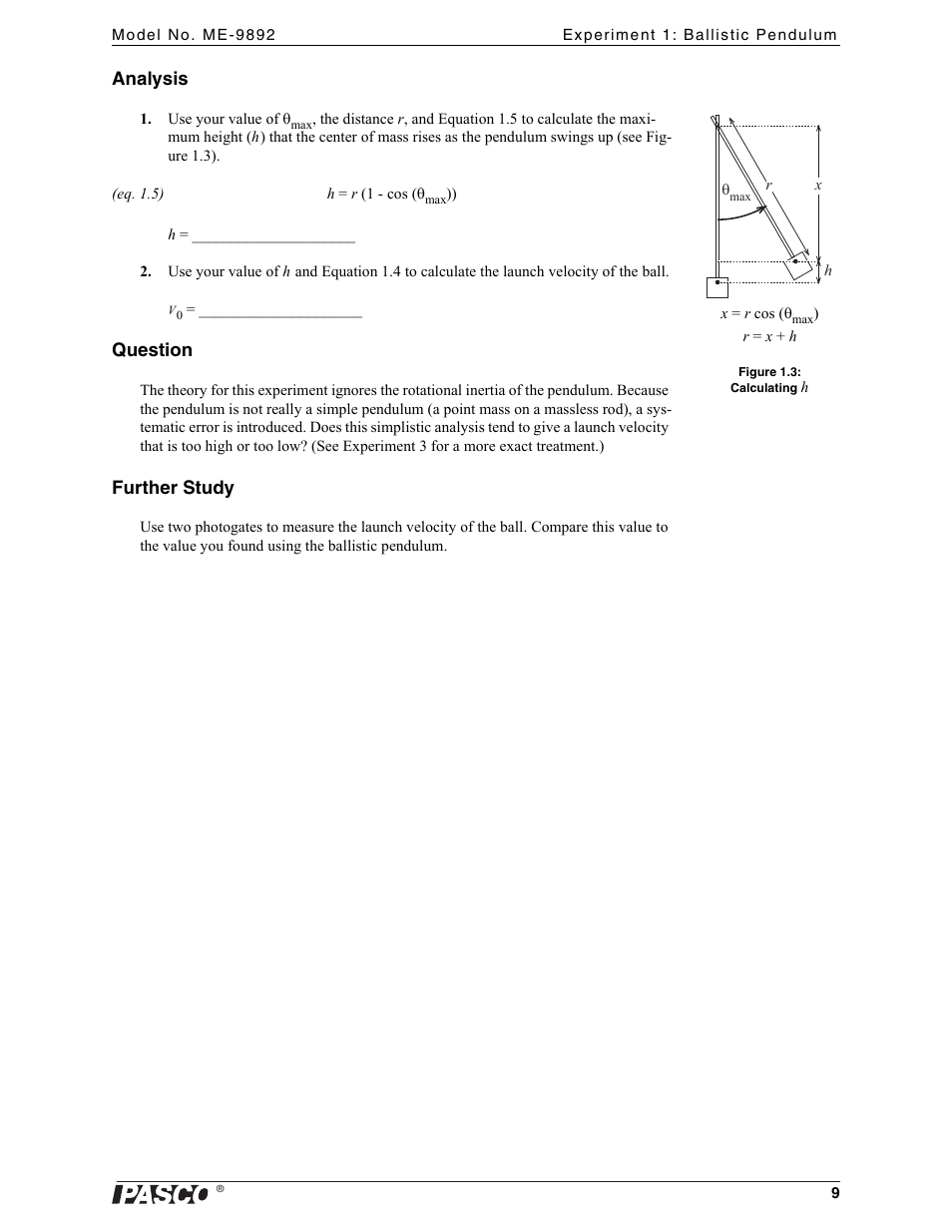 Analysis, Question, Further study | PASCO ME-9892 Ballistic Pendulum Accessory User Manual | Page 9 / 17