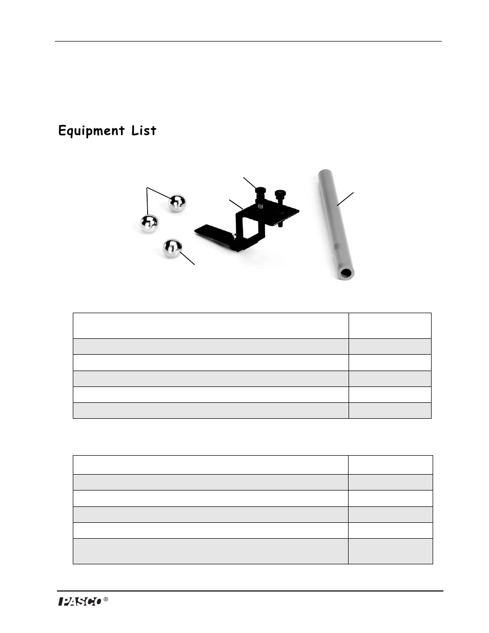 Drop shoot accessory, Equipment list | PASCO ME-9859 Drop Shoot Accessory User Manual | Page 3 / 6