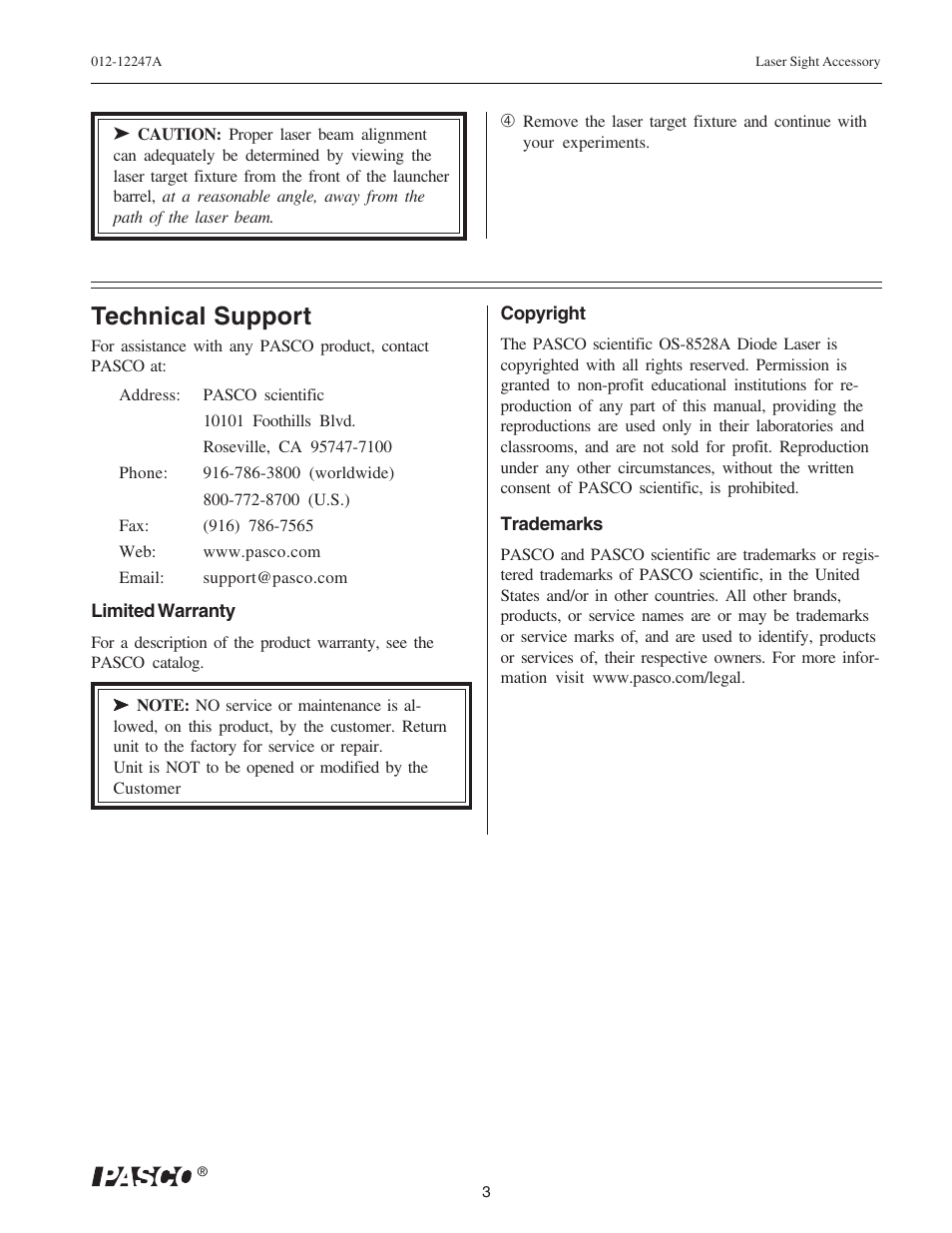 Technical support | PASCO OS-8527A LASER SIGHT ACCESSORY User Manual | Page 3 / 5