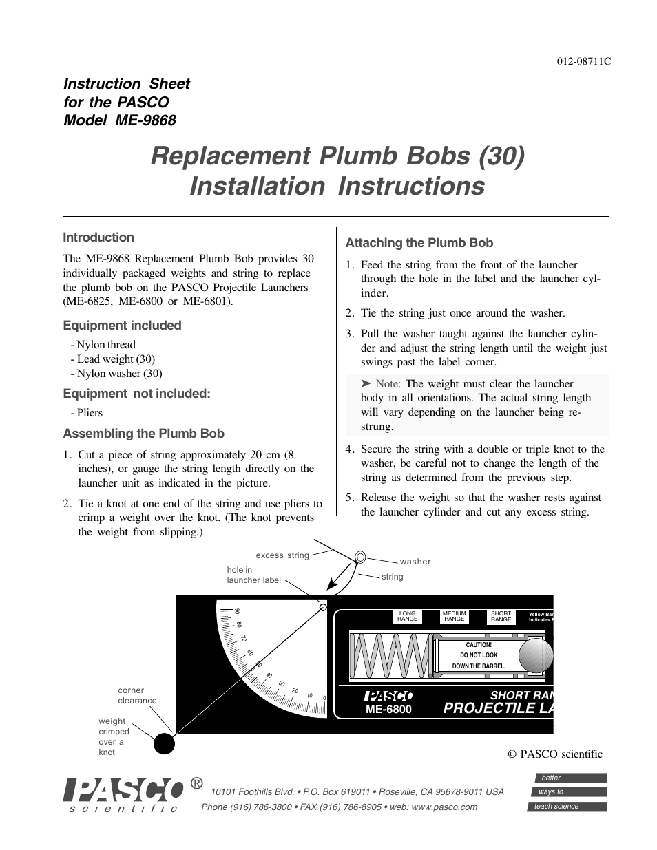 PASCO ME-9868 Replacement Plumb Bobs (30) User Manual | 2 pages