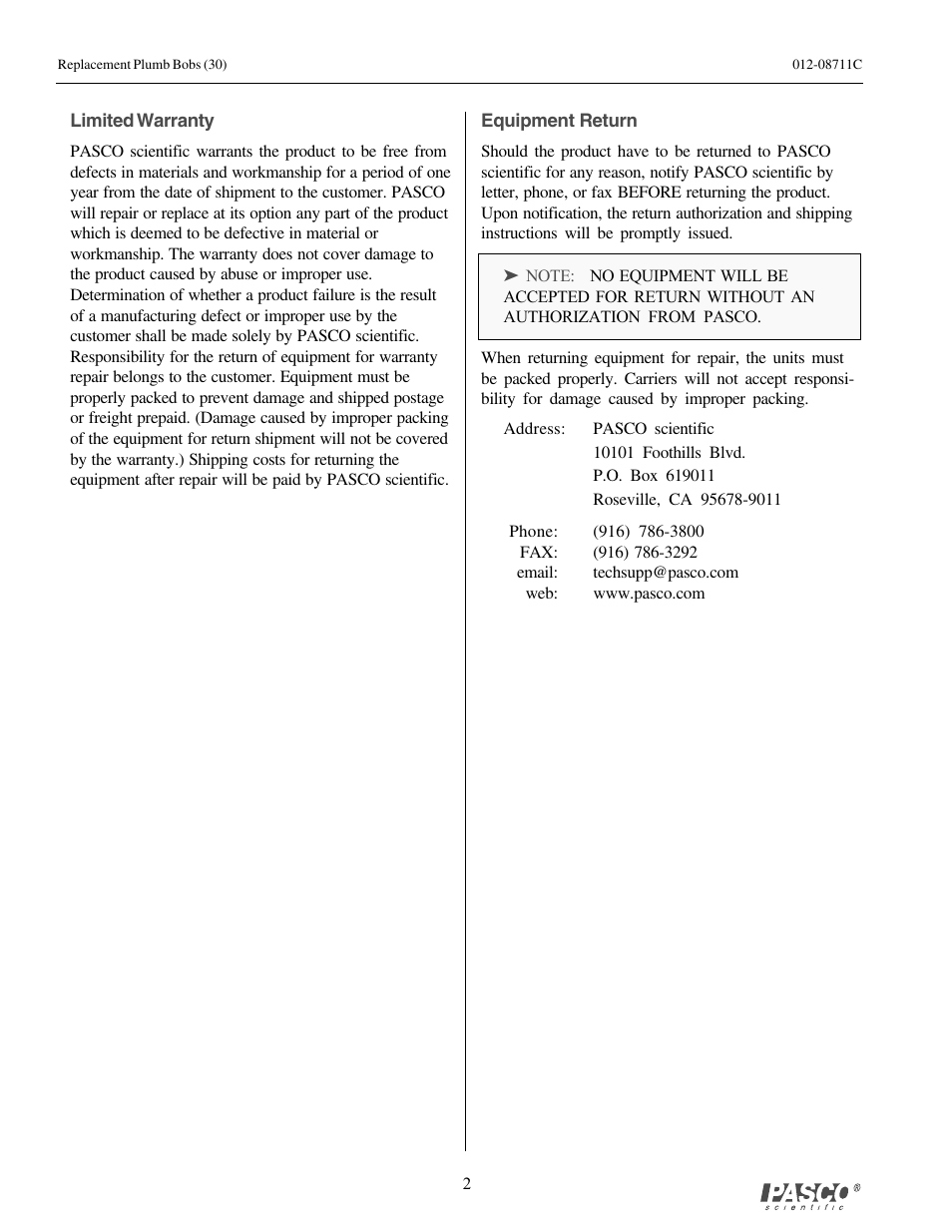 PASCO ME-9868 Replacement Plumb Bobs (30) User Manual | Page 2 / 2