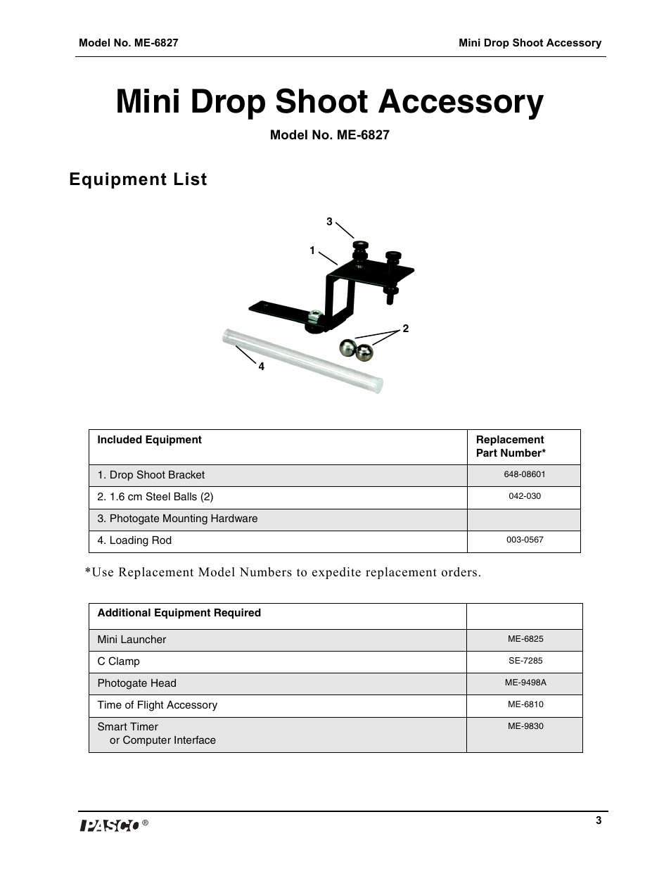 Mini drop shoot accessory, Equipment list | PASCO ME-6827 Mini Drop Shoot Accessory User Manual | Page 3 / 6