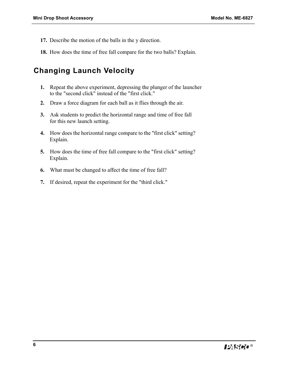 Changing launch velocity | PASCO ME-6827 Mini Drop Shoot Accessory User Manual | Page 6 / 6