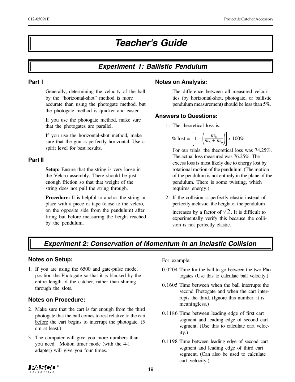 Teacher's guide, Experiment 1: ballistic pendulum | PASCO ME-6815 PROJECTILE CATCHER ACCESSORY User Manual | Page 23 / 25