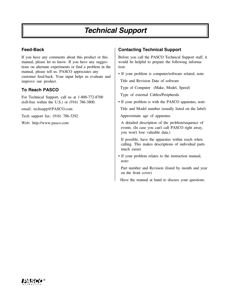 Technical support | PASCO ME-6815 PROJECTILE CATCHER ACCESSORY User Manual | Page 25 / 25