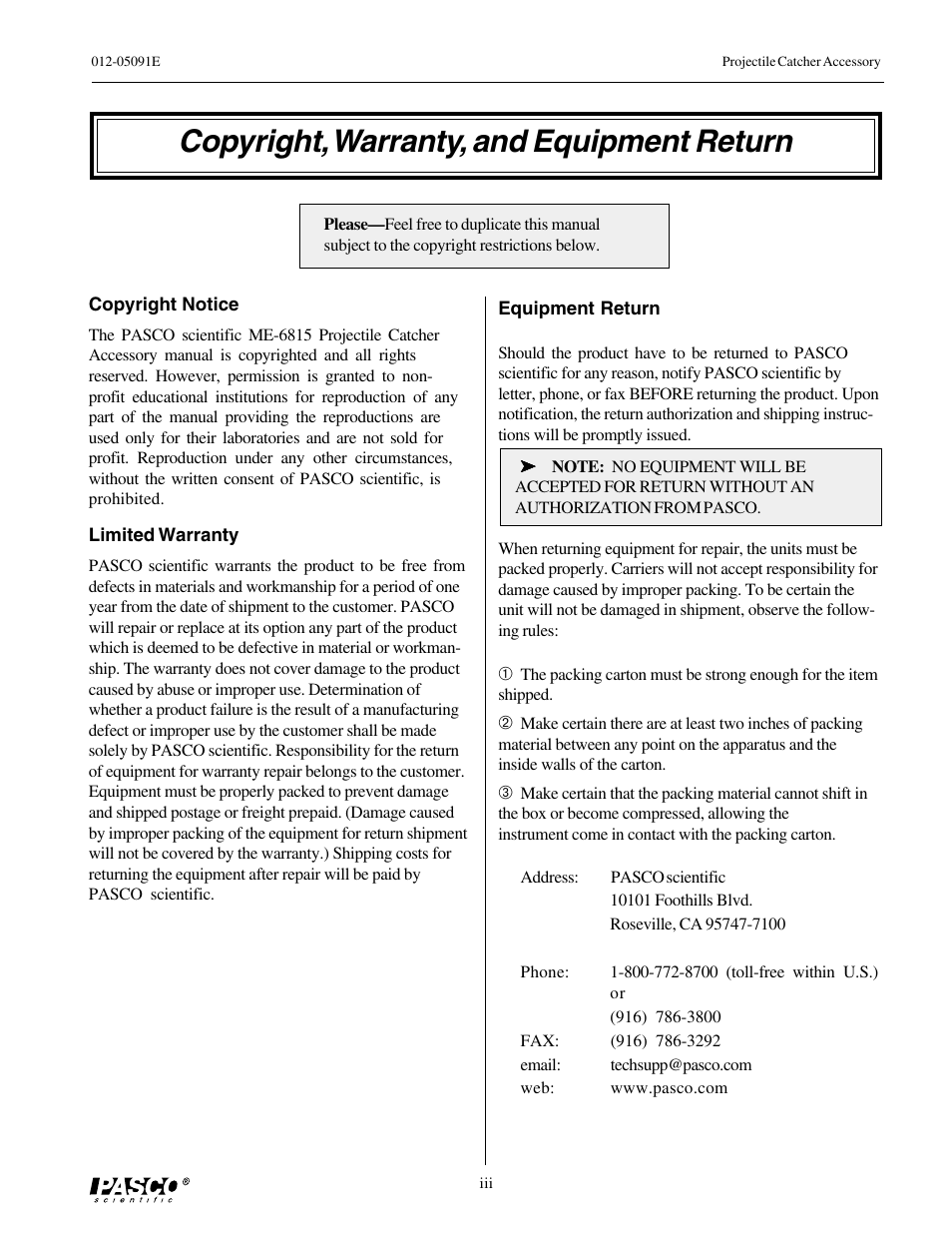 Copyright, warranty, and equipment return | PASCO ME-6815 PROJECTILE CATCHER ACCESSORY User Manual | Page 4 / 25