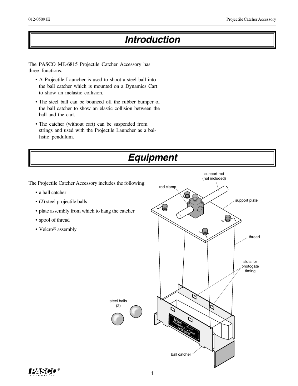 Introduction equipment | PASCO ME-6815 PROJECTILE CATCHER ACCESSORY User Manual | Page 5 / 25