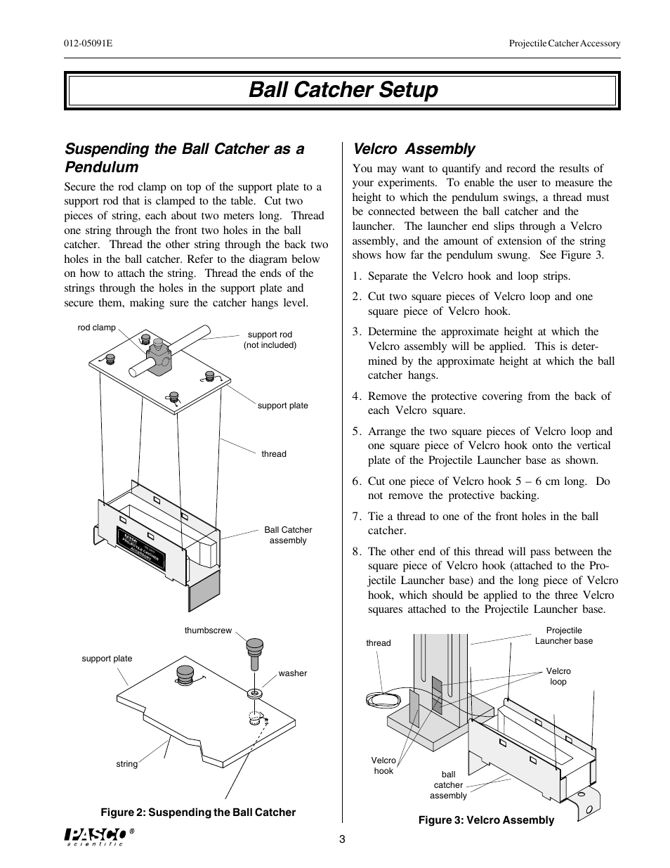 Ball catcher setup, Suspending the ball catcher as a pendulum, Velcro assembly | PASCO ME-6815 PROJECTILE CATCHER ACCESSORY User Manual | Page 7 / 25