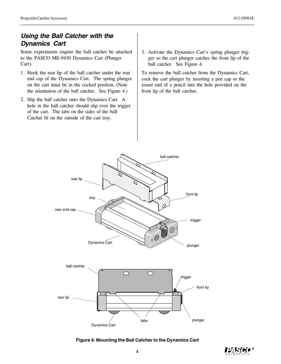 Using the ball catcher with the dynamics cart | PASCO ME-6815 PROJECTILE CATCHER ACCESSORY User Manual | Page 8 / 25