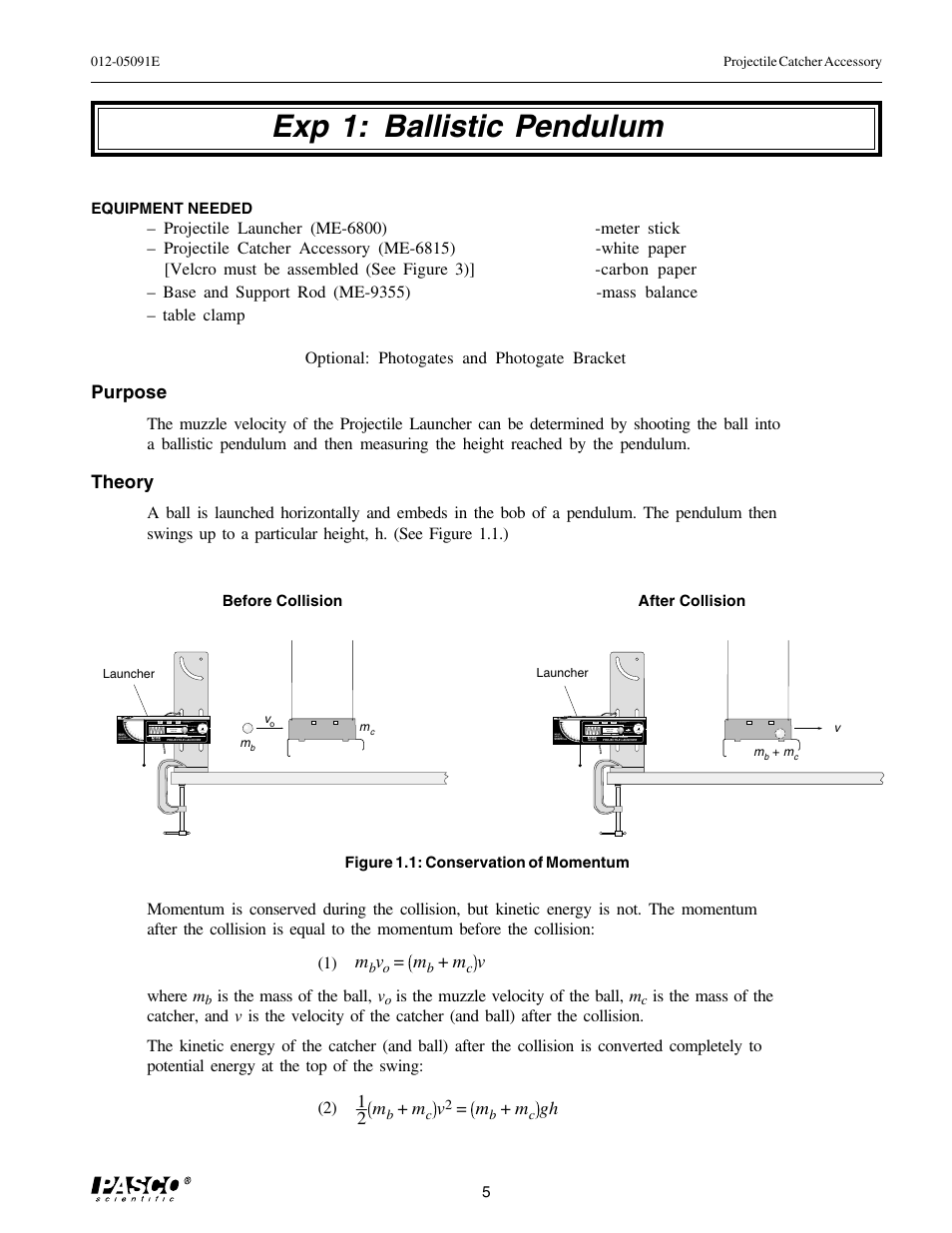 Exp 1: ballistic pendulum, Purpose, Theory | 1 2 m | PASCO ME-6815 PROJECTILE CATCHER ACCESSORY User Manual | Page 9 / 25