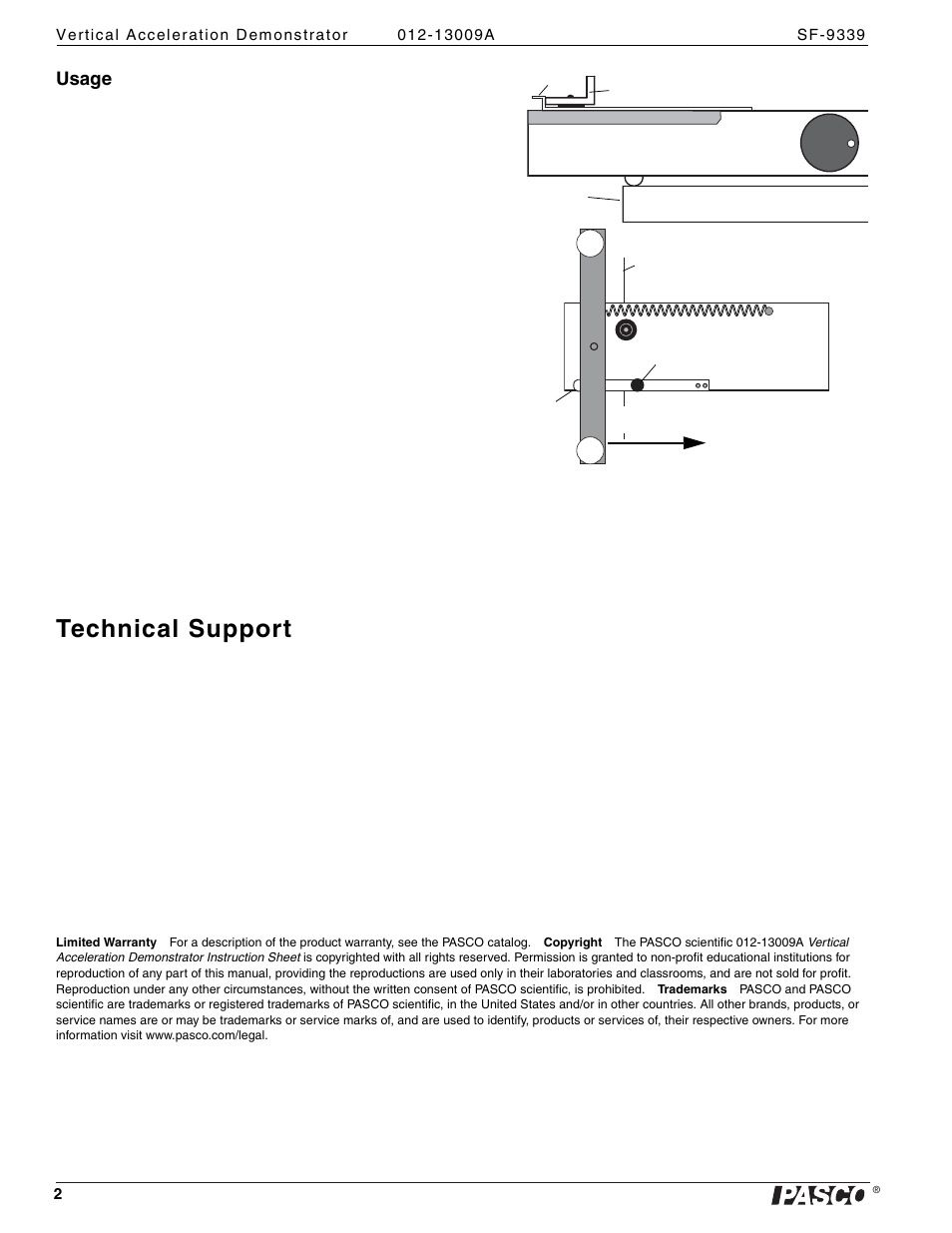 Usage, Technical support | PASCO SF-9339 Vertical Acceleration Demonstrator User Manual | Page 2 / 2