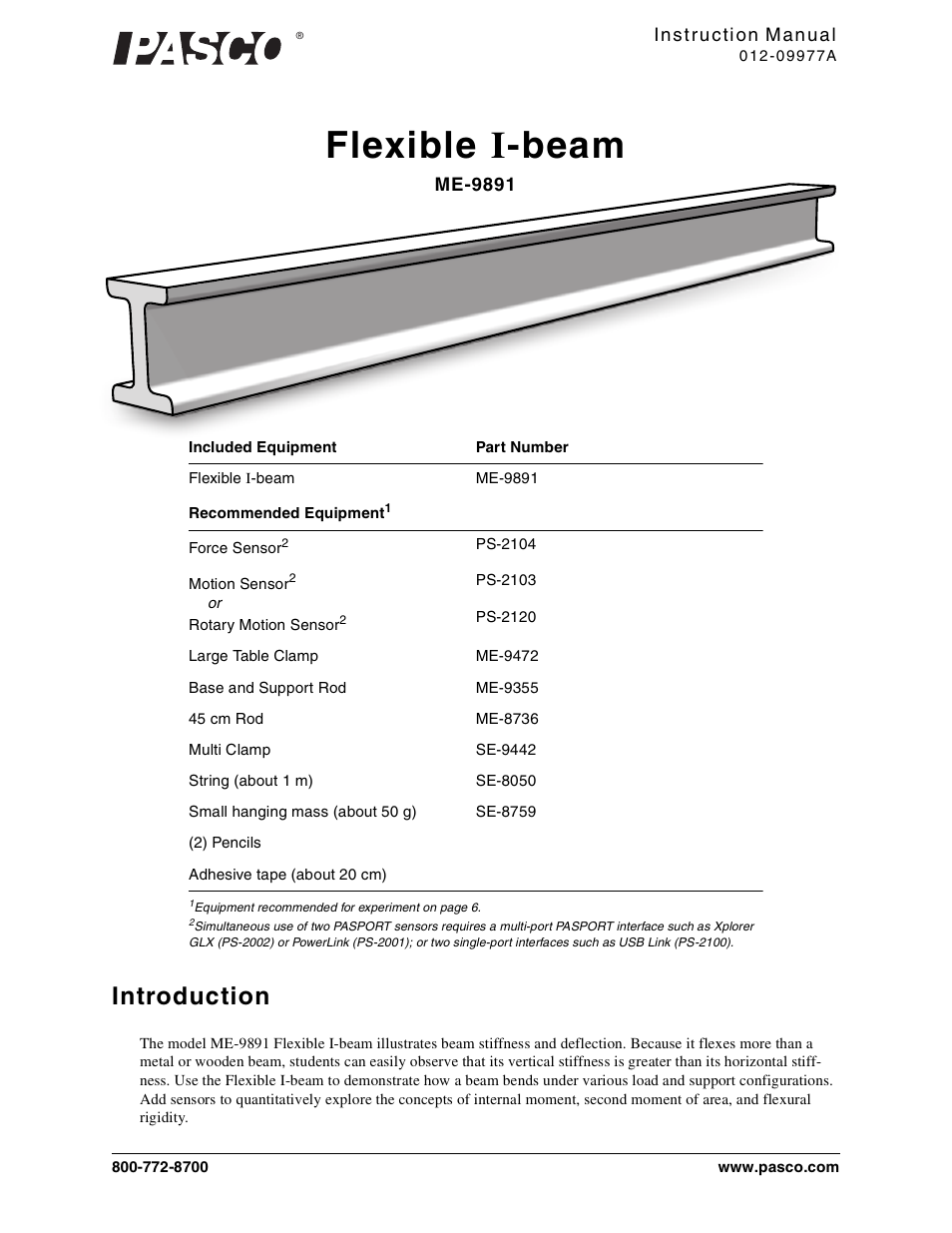 PASCO ME-9891 Flexible I-beam User Manual | 10 pages