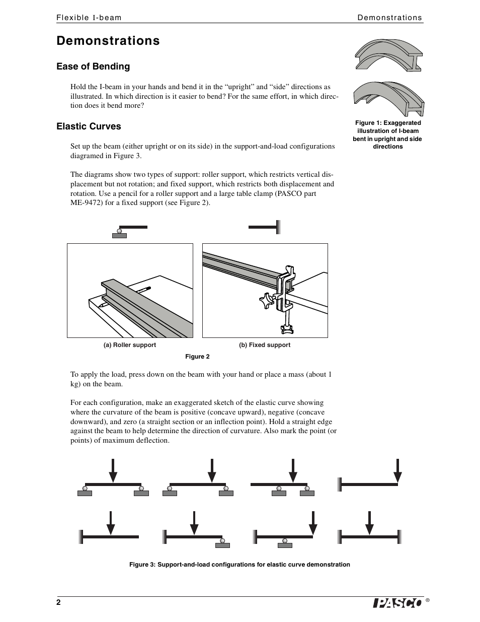 Demonstrations, Ease of bending, Elastic curves | PASCO ME-9891 Flexible I-beam User Manual | Page 2 / 10