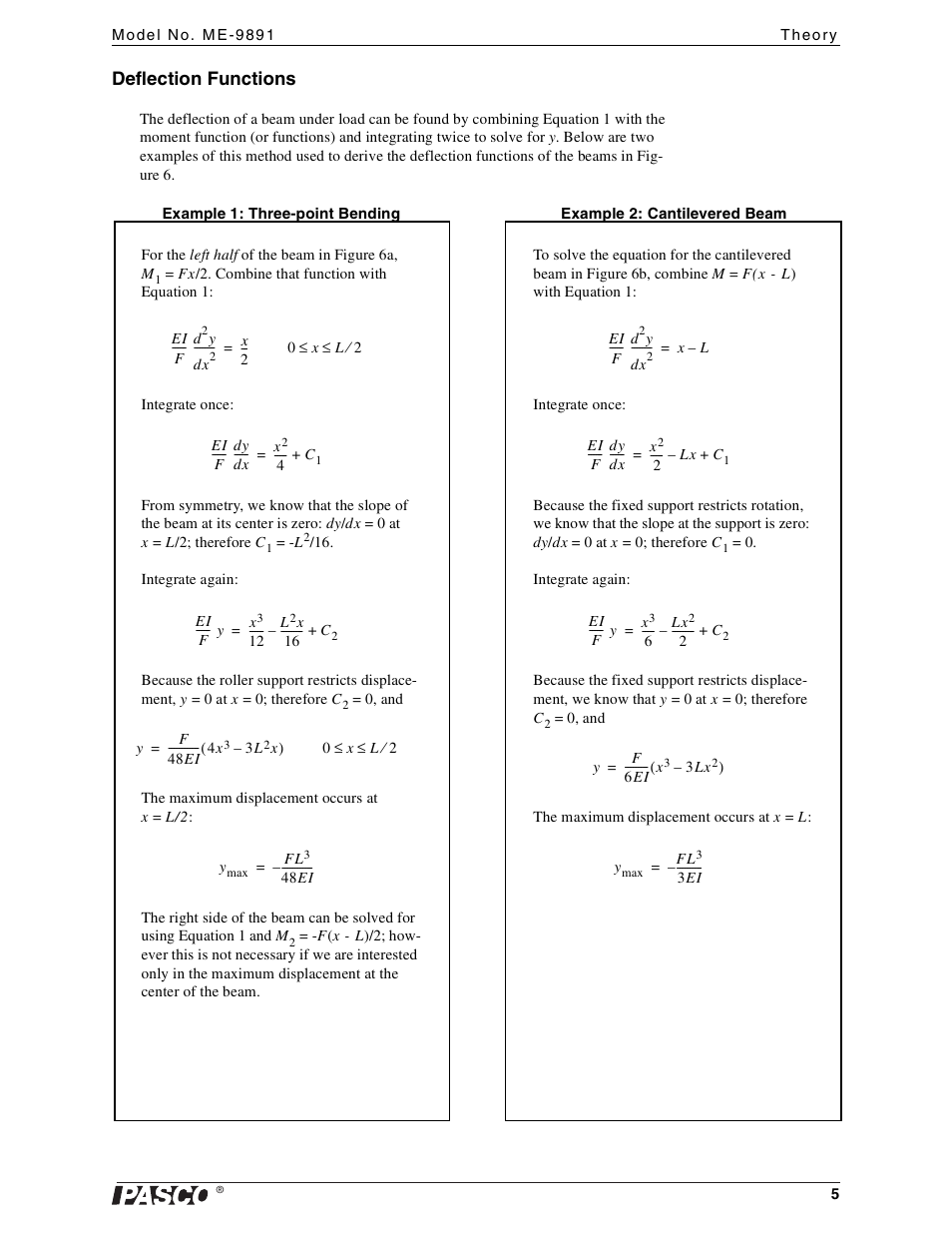 Deflection functions | PASCO ME-9891 Flexible I-beam User Manual | Page 5 / 10