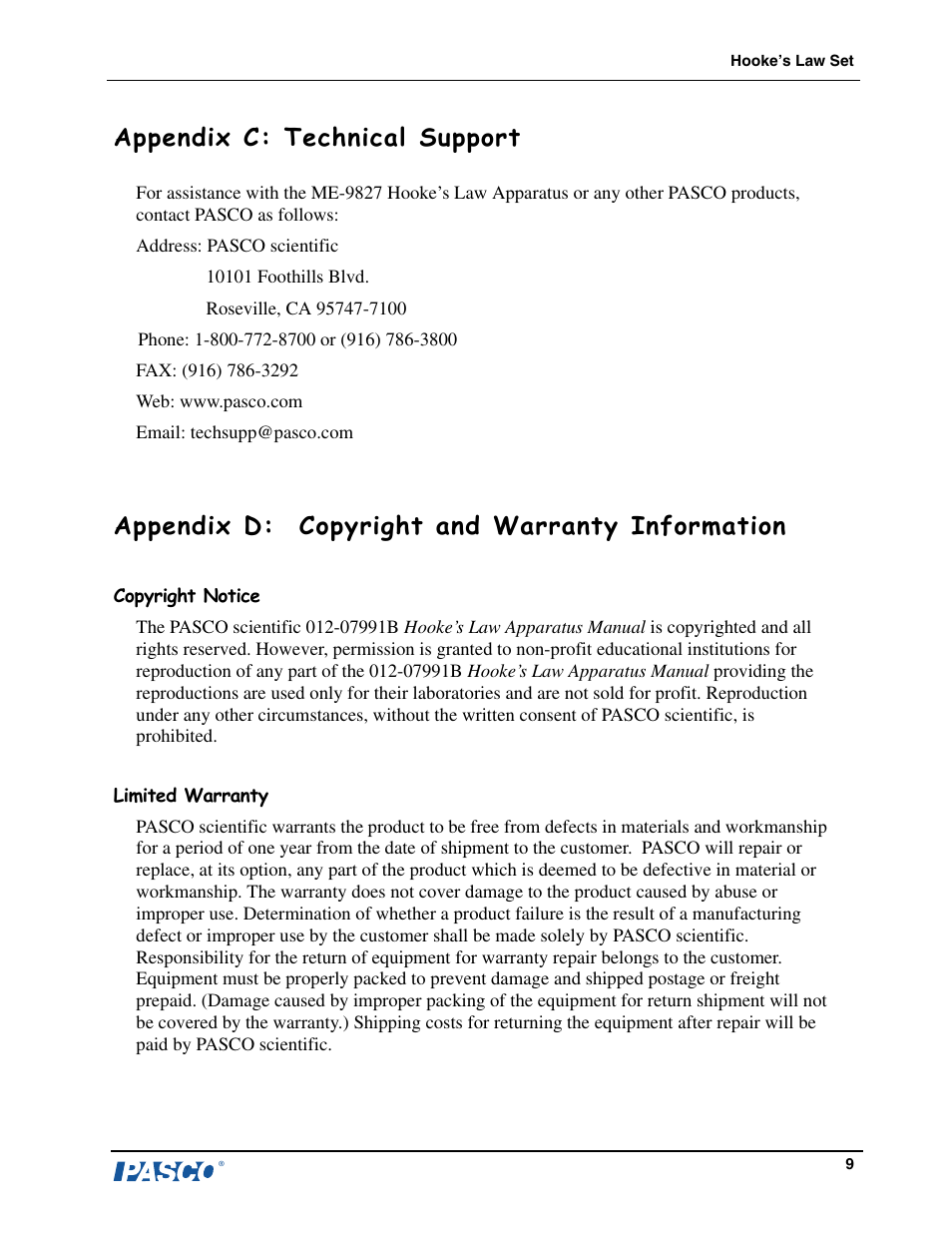 Appendix c: technical support, Appendix d: copyright and warranty information | PASCO ME-9827 Hooke’s Law Set User Manual | Page 10 / 10
