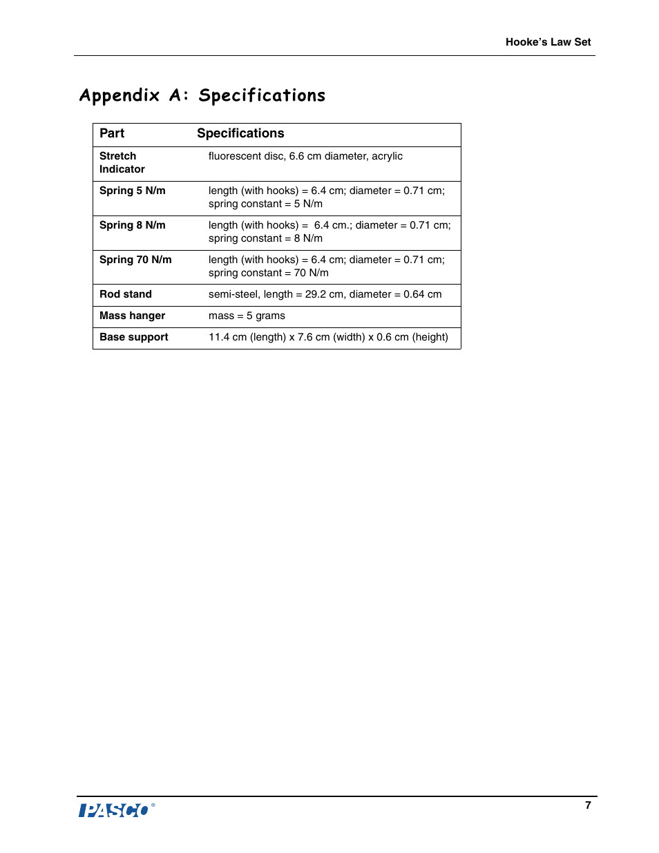 Appendix a: specifications | PASCO ME-9827 Hooke’s Law Set User Manual | Page 8 / 10