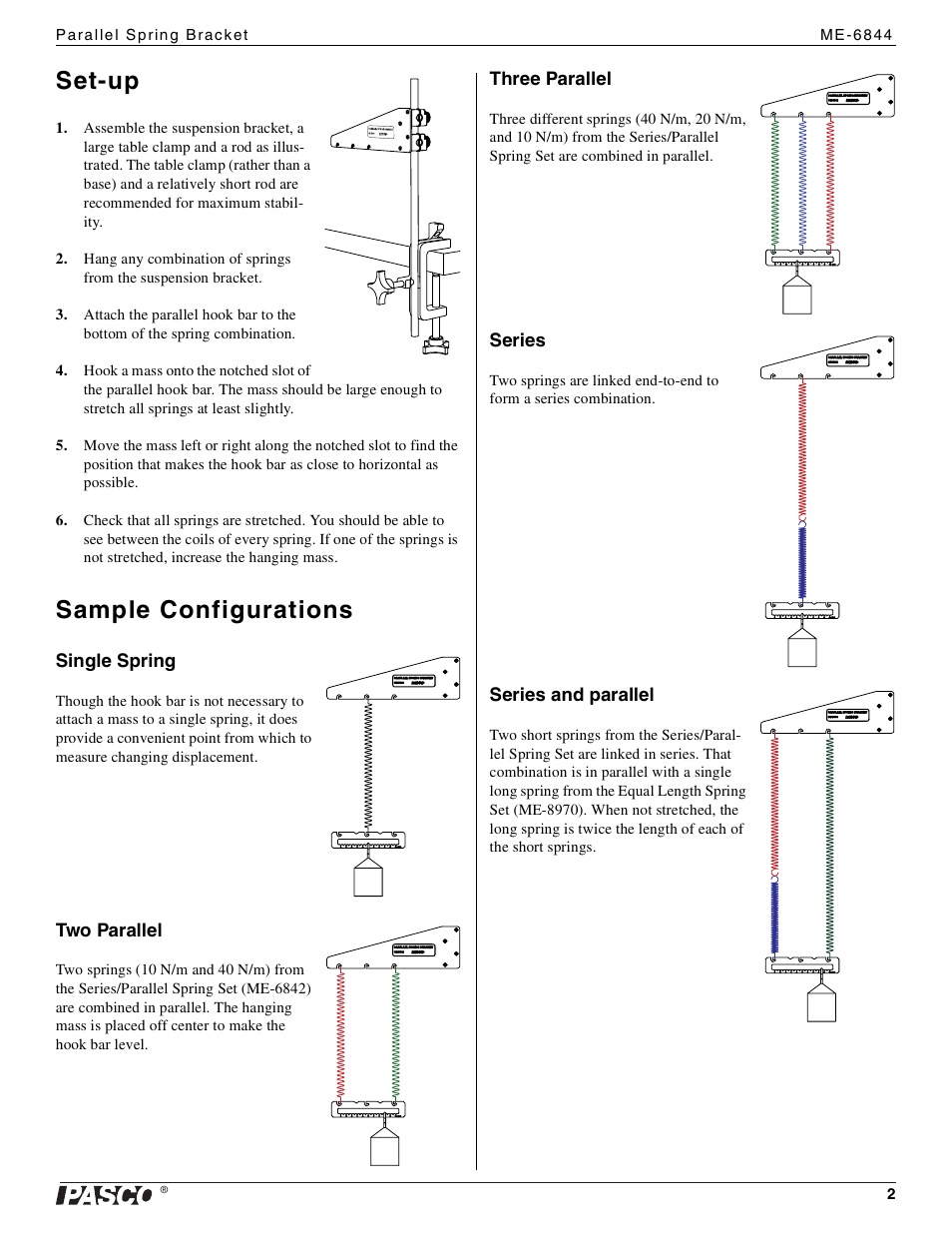 Set-up, Sample configurations | PASCO ME-6844 Parallel Spring Bracket User Manual | Page 2 / 4