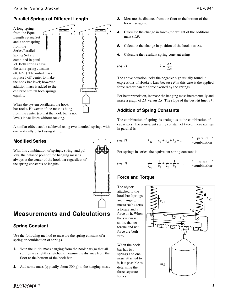 Measurements and calculations | PASCO ME-6844 Parallel Spring Bracket User Manual | Page 3 / 4