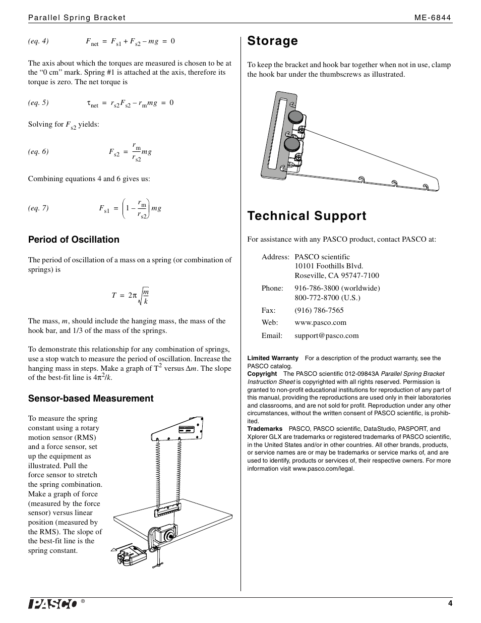 Storage, Technical support, Period of oscillation | Sensor-based measurement | PASCO ME-6844 Parallel Spring Bracket User Manual | Page 4 / 4