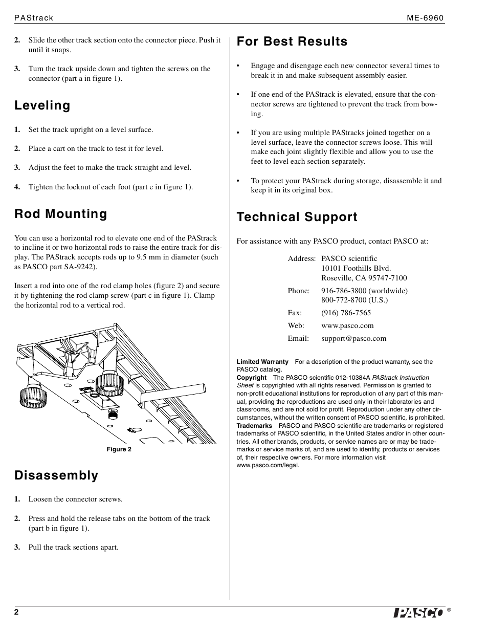 Leveling, Rod mounting, Disassembly | For best results, Technical support | PASCO ME-6960 PASTrack User Manual | Page 2 / 2