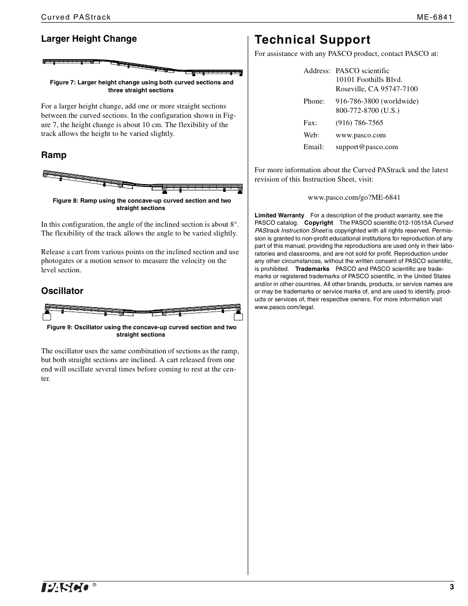 Technical support, Larger height change, Ramp | Oscillator | PASCO ME-6841 Curved PAStrack User Manual | Page 3 / 3