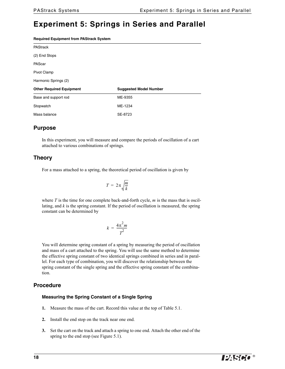 Experiment 5: springs in series and parallel, Purpose, Theory | Procedure | PASCO ME-6962 PAStrack Systems User Manual | Page 18 / 28