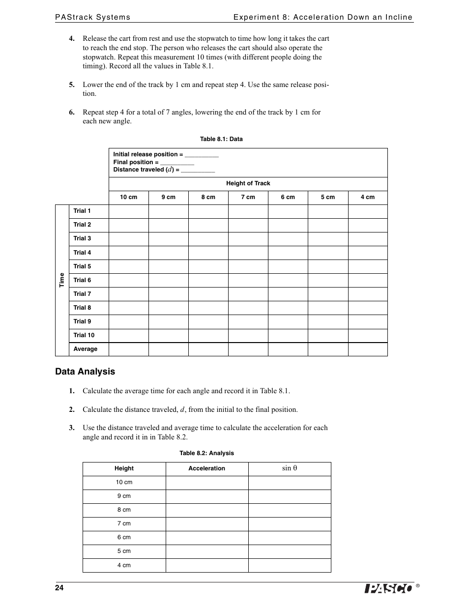 Data analysis | PASCO ME-6962 PAStrack Systems User Manual | Page 24 / 28