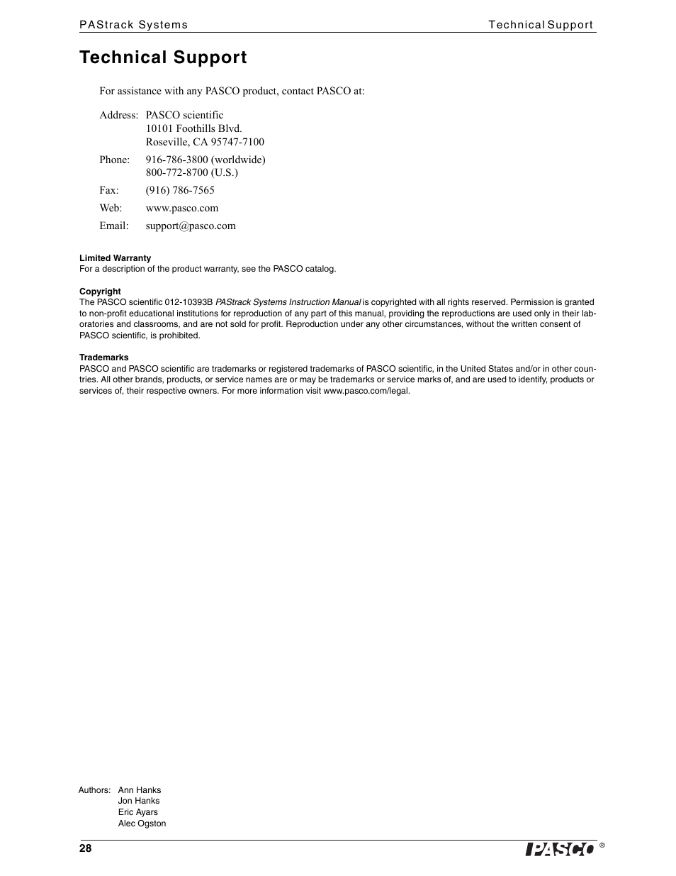 Technical support, Limited warranty, Copyright | Trademarks | PASCO ME-6962 PAStrack Systems User Manual | Page 28 / 28