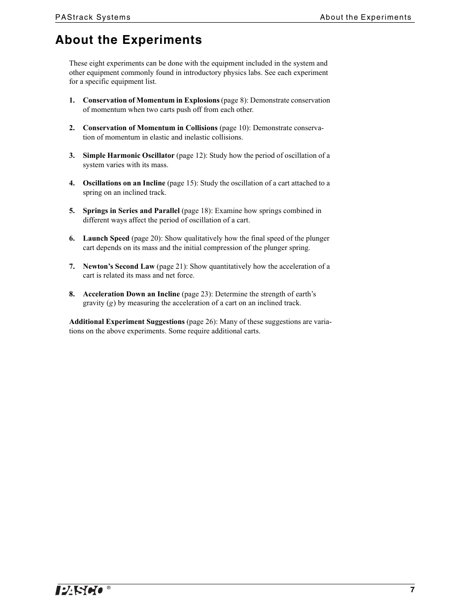 About the experiments | PASCO ME-6962 PAStrack Systems User Manual | Page 7 / 28