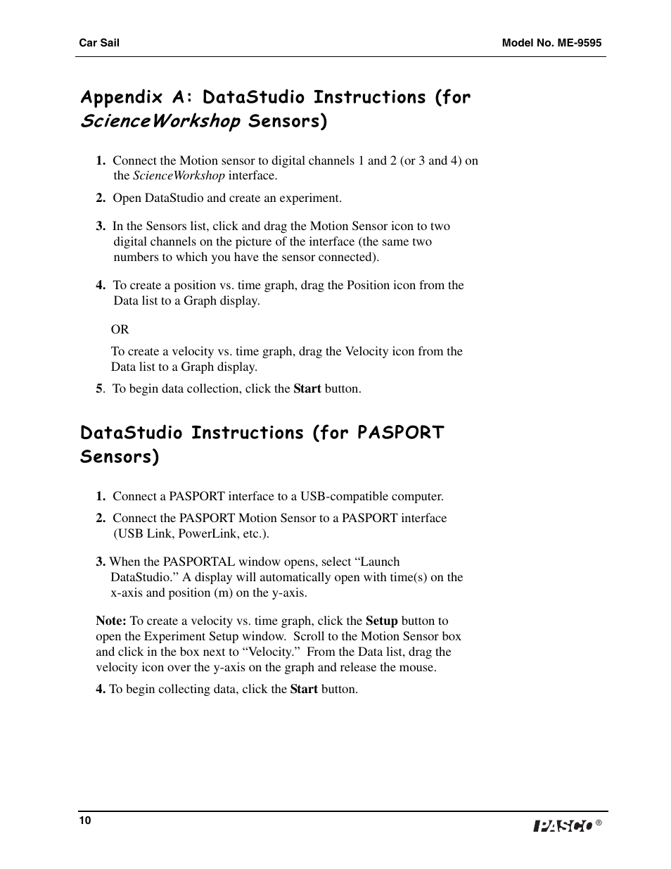 Scienceworkshop, Appendix a: datastudio instructions (for, Sensors) | Datastudio instructions (for pasport sensors) | PASCO ME-9595 Car Sail User Manual | Page 11 / 12