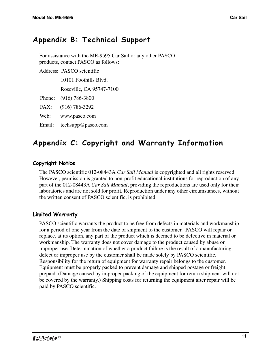 Appendix b: technical support, Appendix c: copyright and warranty information | PASCO ME-9595 Car Sail User Manual | Page 12 / 12