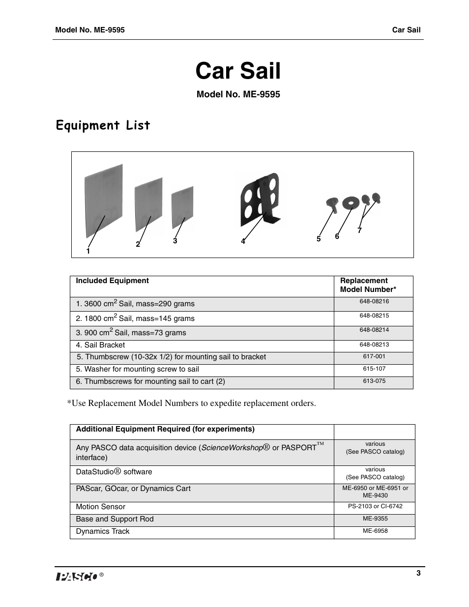 Car sail, Equipment list | PASCO ME-9595 Car Sail User Manual | Page 4 / 12