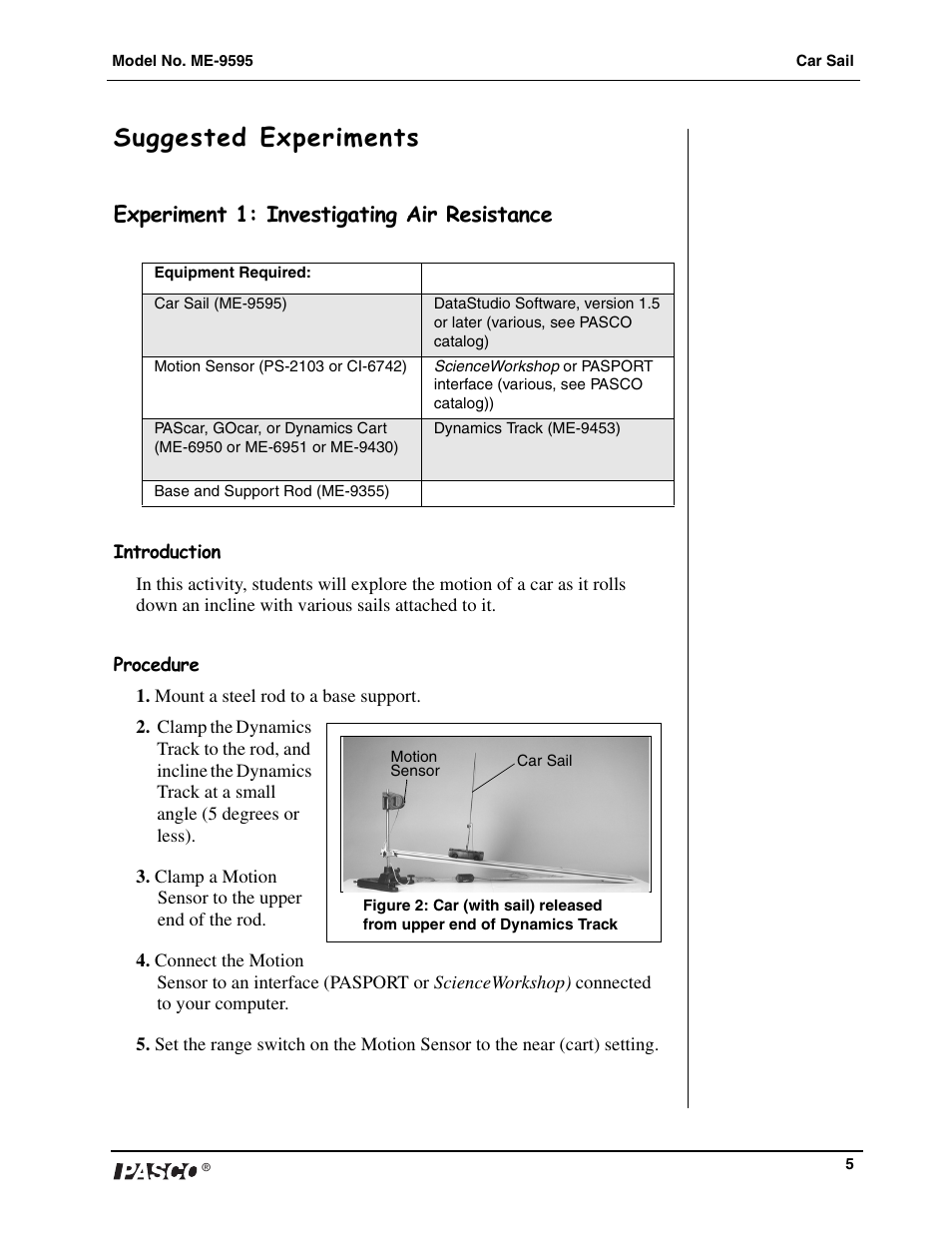 Suggested experiments, Experiment 1: investigating air resistance | PASCO ME-9595 Car Sail User Manual | Page 6 / 12