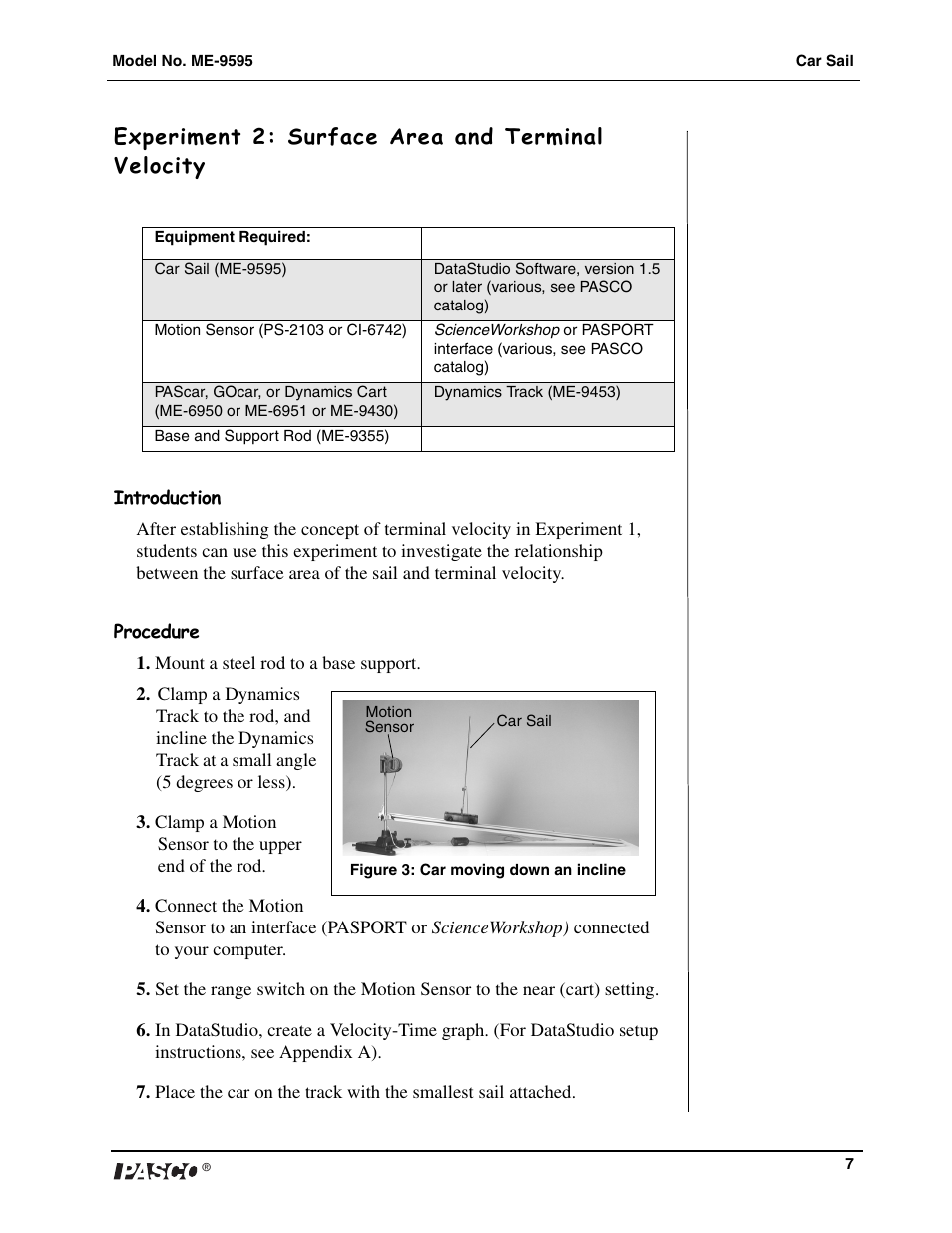 Experiment 2: surface area and terminal velocity | PASCO ME-9595 Car Sail User Manual | Page 8 / 12