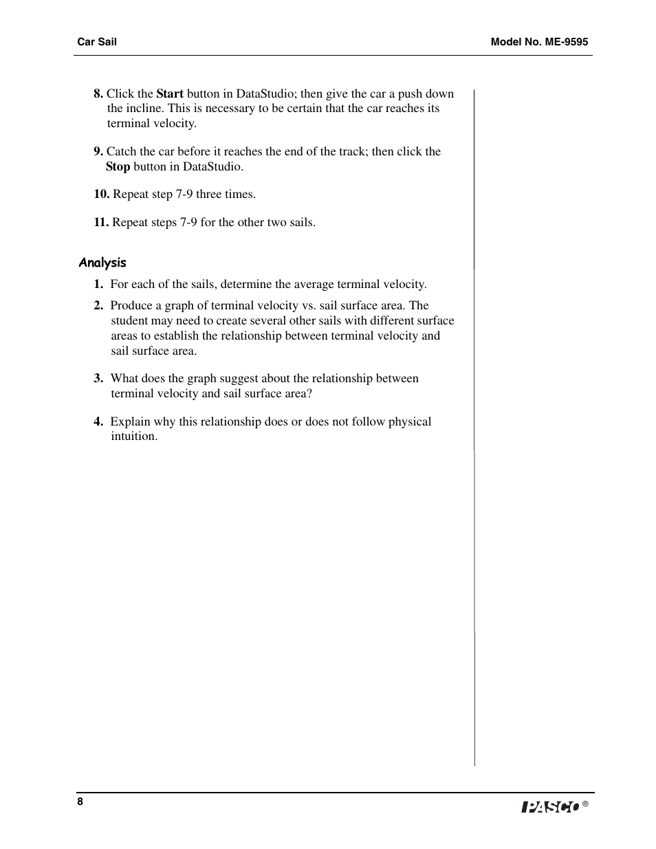 PASCO ME-9595 Car Sail User Manual | Page 9 / 12