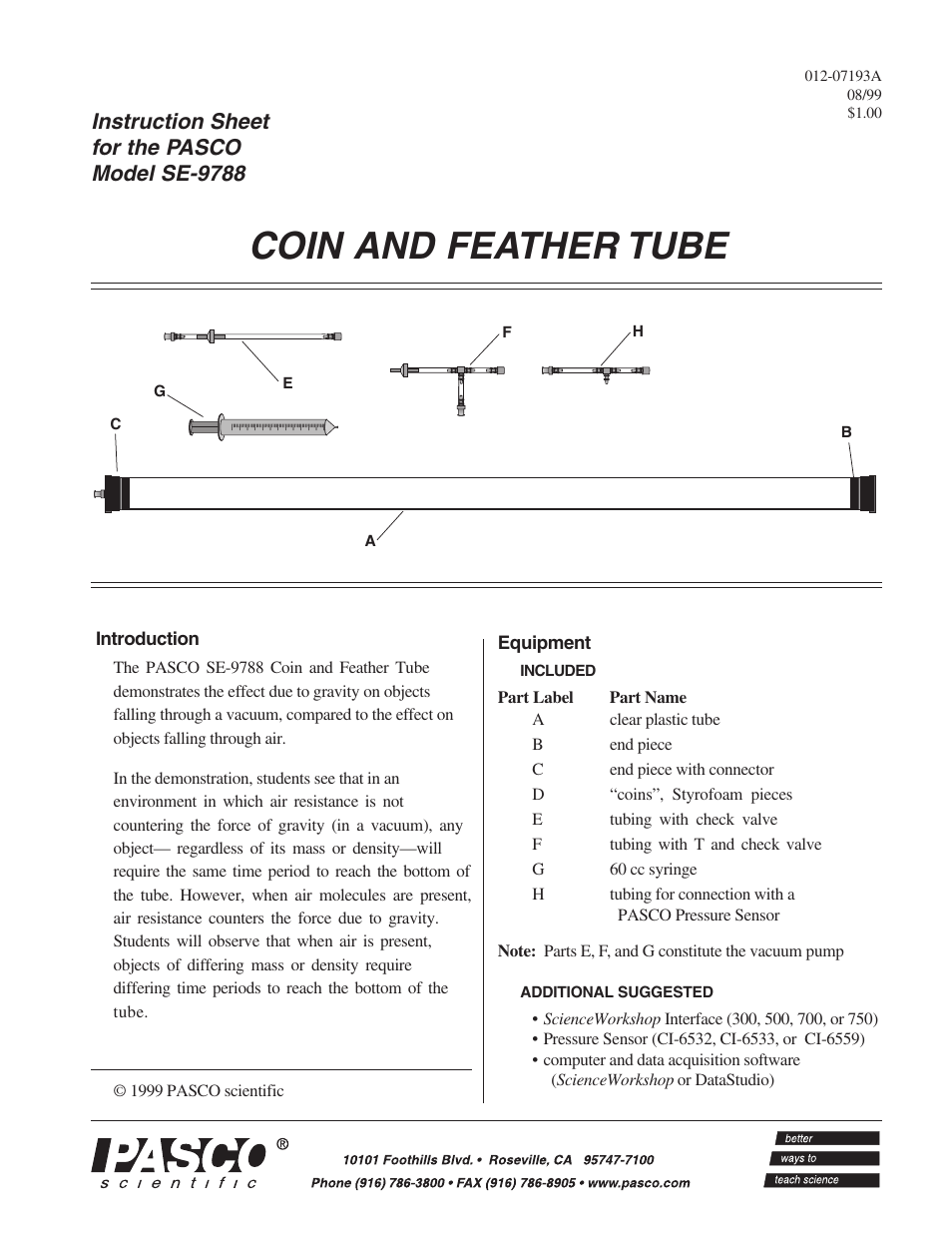 PASCO SE-9788 Coin and Feather Tube User Manual | 4 pages