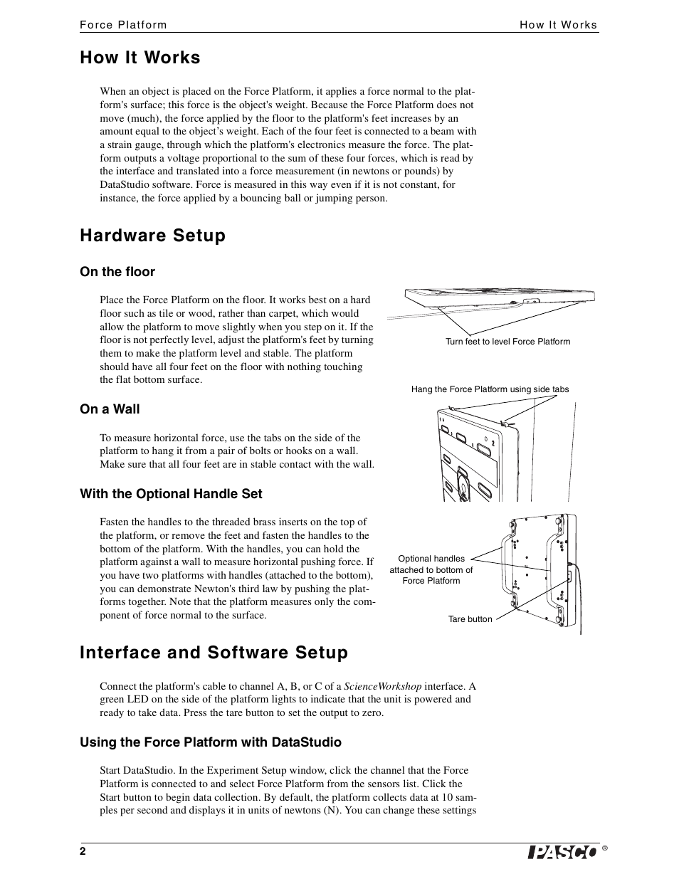 How it works, Hardware setup, On the floor | On a wall, With the optional handle set, Interface and software setup, Using the force platform with datastudio | PASCO CI-6461 Force Platform User Manual | Page 2 / 5