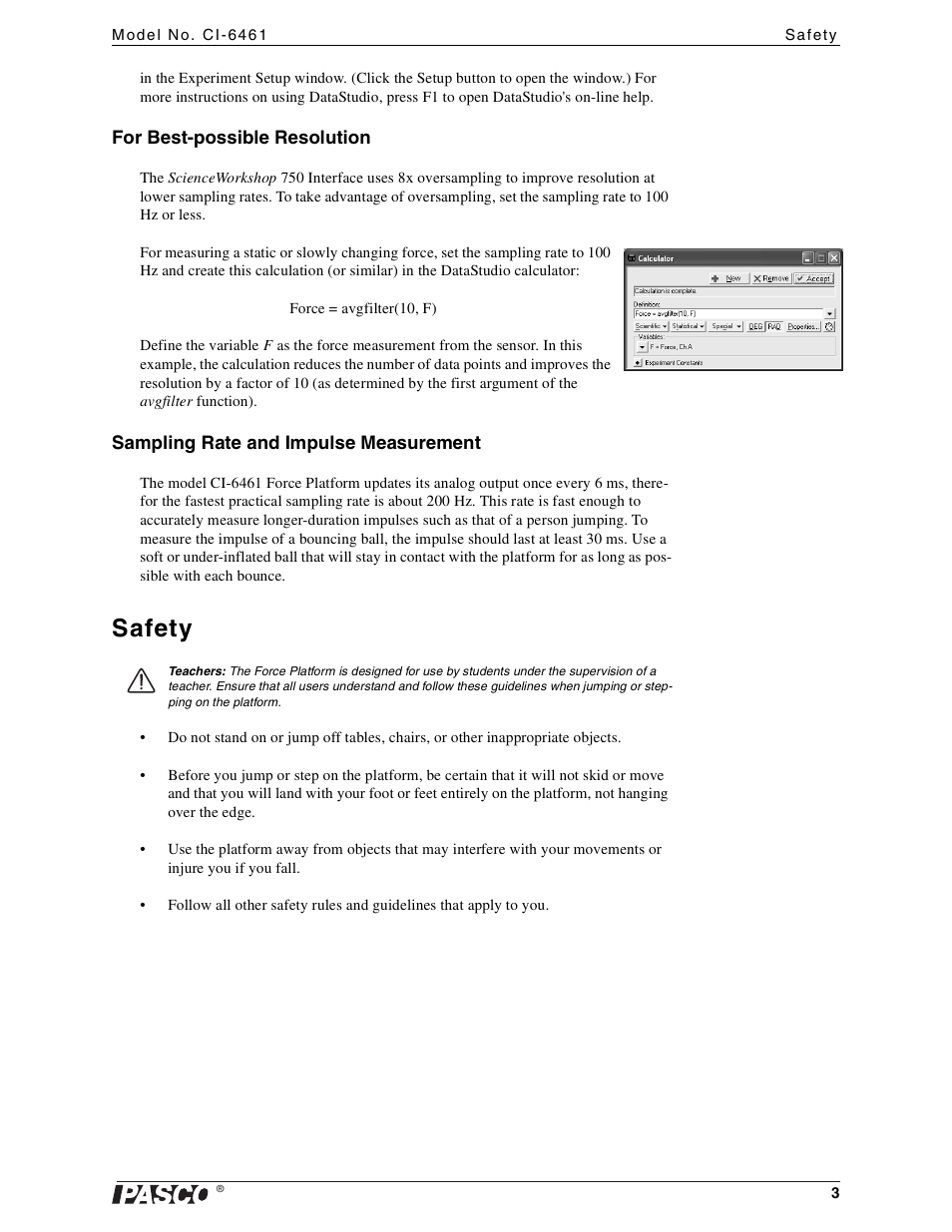 For best-possible resolution, Sampling rate and impulse measurement, Safety | PASCO CI-6461 Force Platform User Manual | Page 3 / 5