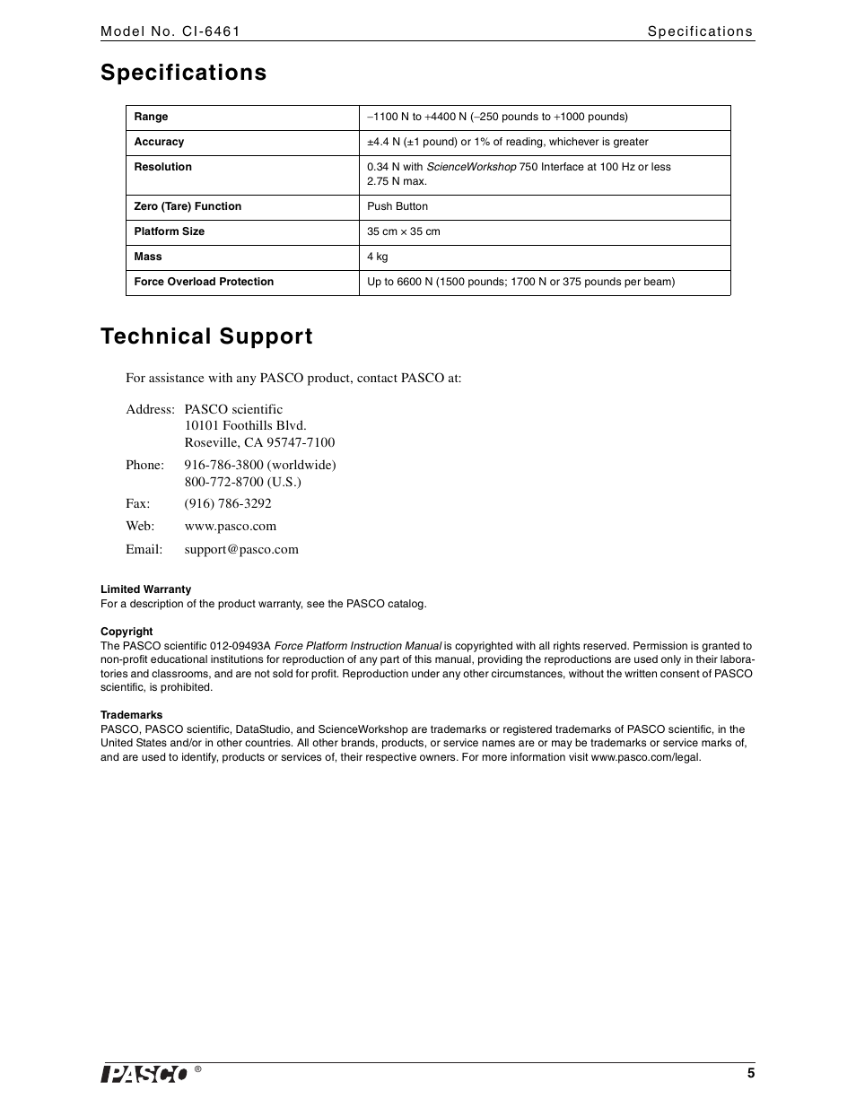 Specifications, Technical support, Specifications technical support | PASCO CI-6461 Force Platform User Manual | Page 5 / 5