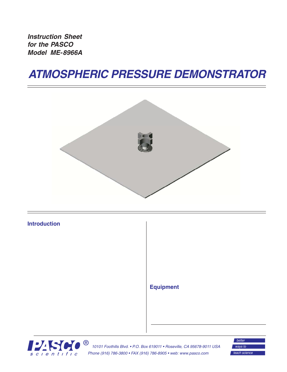 PASCO ME-8966A ATMOSPHERIC PRESSURE DEMONSTRATOR User Manual | 2 pages